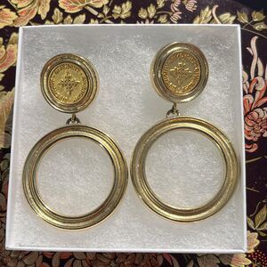 Vintage Givenchy Dangle Drop Earrings Gold Tone Round Hoop Womens 2.5” Statement